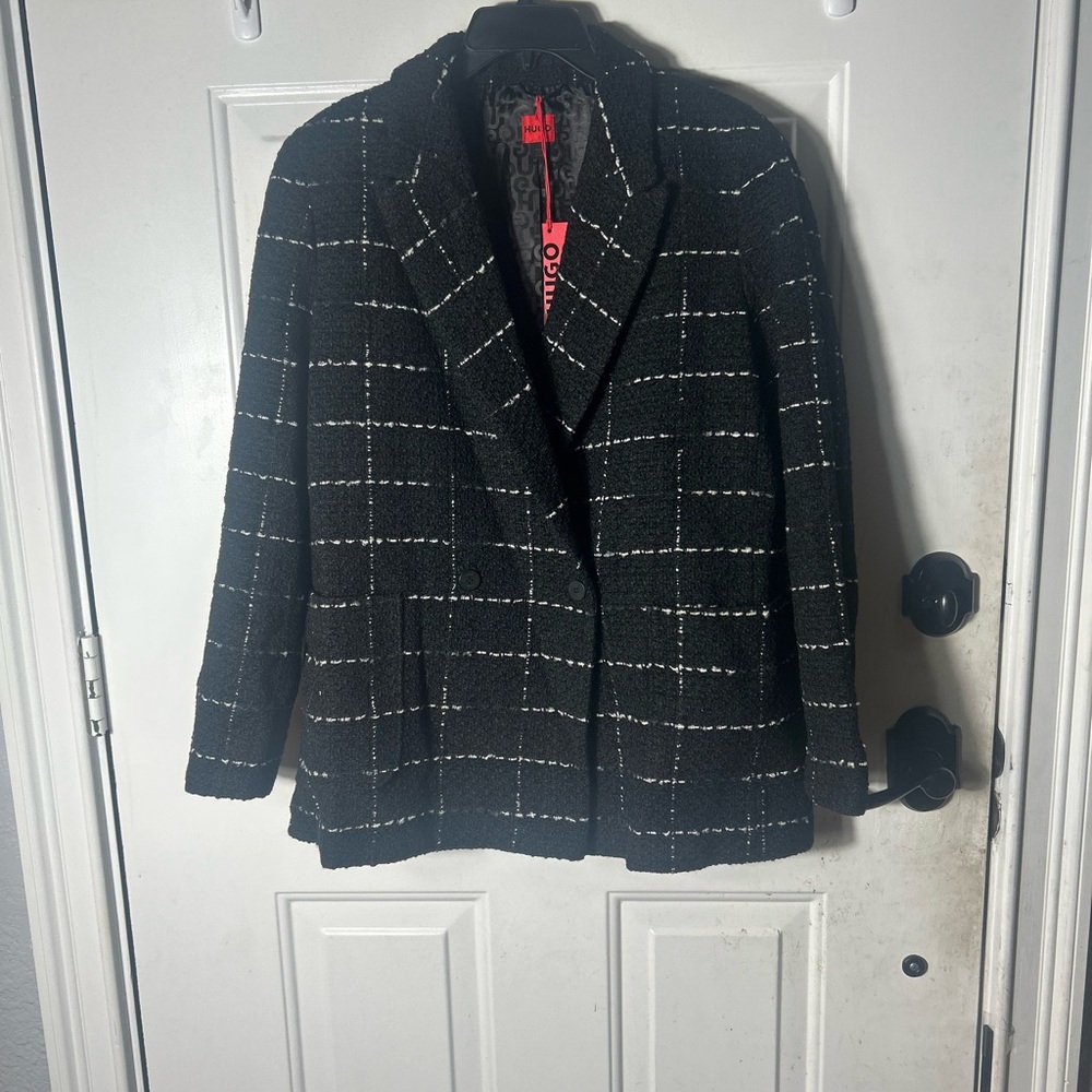 HUGO Atisi Double Breasted Wool Tweed  Black/White  plaid pattern Blazer Sz 10
